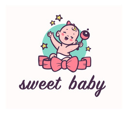 Sweet baby logo with little happy baby girl smiling sit and hold rattle with big bow in front her isolated. Baby care, toys and accessory shop emblem, logo, sign etc. Vector flat illustration.