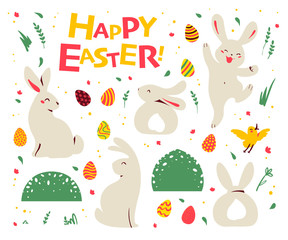 Obraz na płótnie Canvas Set of Easter bunny characters sit, smile, jump and yellow little bird, easter eggs, floral elements isolated on white background. For holiday cards, prints, banner design. Flat vector illustration.