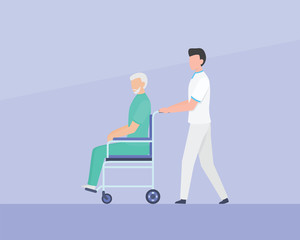 nurse walk with patients disability with wheelchair with simple flat style