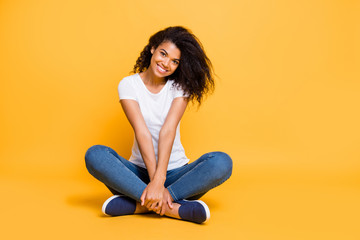 Full length body size photo of cheerful positive cute nice charming pretty girl in jeans denim...