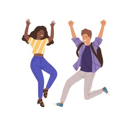 Young happy people jumping flat vector illustration. Man and woman raising hands characters. Successful collaboration, teamwork isolated on white background. Achievement, success, win gesture.