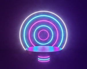 Glowing round neon lights, abstract background. technology product advertising concept, laser show. 3d rendering