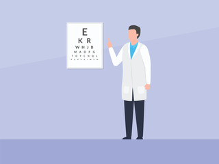 ophthalmology doctor check human eyes condition with alphabet board number with simple flat style