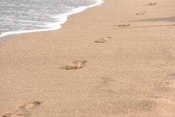 Footprints in the sand and wave with foam. The beautiful tourist's summer photo with wet sand, wave and footsteps. 