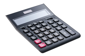 Side view of a large black accounting calculator with a blank display Isolated on a white background. Design element with clipping path.