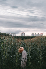 girl with blond hair among tall green ears of corn, covers her face with sheets, looks up - 316957478