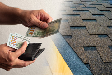 A man buys tiles. Human will give money to a roofer. Concept - roofer installation business. A man...