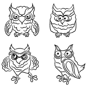 Set of four amusing owls outlines