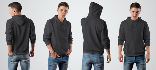 Template of a male blank black hoodie on a young guy for design presentation, set with a front and...