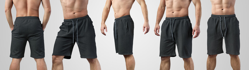 Mockup of male black shorts on a young guy for design presentation, set with front, side and back...