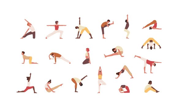 People doing yoga flat vector illustrations set. Male and female cartoon characters exercising. Men and women practicing Asana isolated collection on white background. Physical activity, workout.