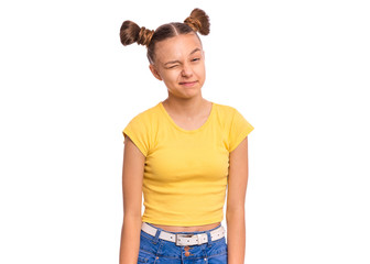 Emotional portrait of teen girl winking at camera. Beautiful caucasian young teenager. Funny child...