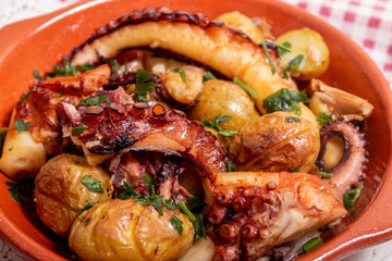 Grilled ocotpus with potatoes, garlic and salsa.