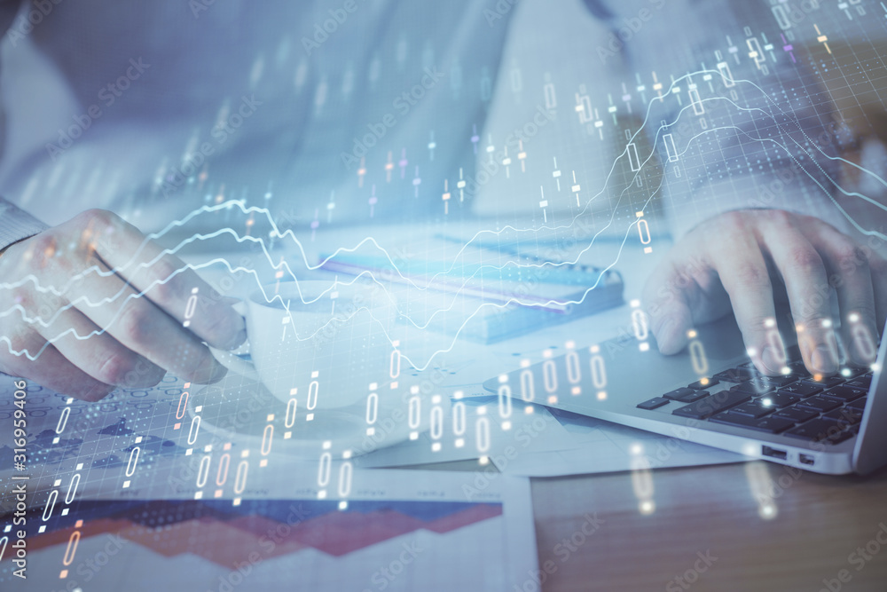 Poster Forex graph with businessman working on computer in office on background. Concept of hardworking. Double exposure.