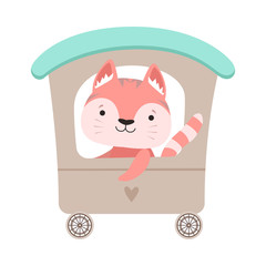 Cheerful Whiskered Cat Driving Toy Wheeled Carriage Vector Illustration
