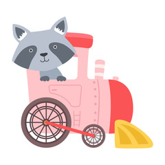 Cheerful Raccoon Driving Toy Wheeled Carriage Vector Illustration