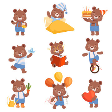 Cute Cartoon Bears Vector Set. Bear Animal Reading Book and Celebrating Birthday