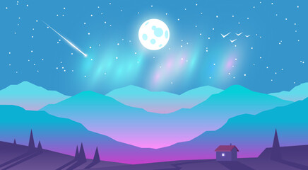 Vector abstract background illustration. Minimalist style. Flat concept. Landscape. Website template. Moon, stars, comet, glow over the mountains. Lonely house in nature. Trees covered with snow.