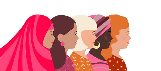 Women of different nationalities, faith and skin color together. Greeting card, banner International Women's Day. Struggle for womens rights and equality. Template poster, flyer. Diverse pretty girls