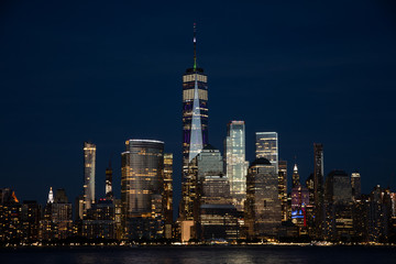 Lower Manhattan and One World Trade Center in New York City, USA as seen from  New Jersey durin...