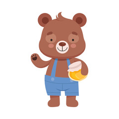 Smiling Bear Character Wearing Playsuit Holding Honey Jar in His Paws Vector Illustration