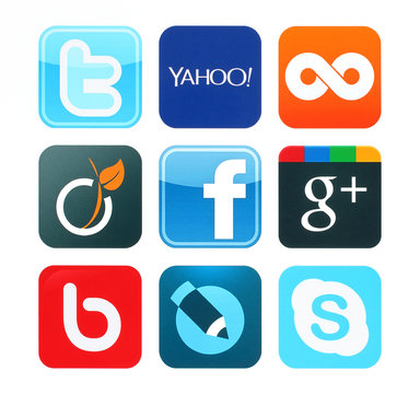 KIEV, UKRAINE - June 12, 2015:Collection of popular social media logos printed on paper:Facebook, Twitter, Google Plus, Twoo, Bebo, Viadeo, Yahoo, Skype and Livejournal