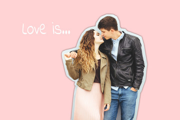 Happy loving couple isolated on gray background. stylish image, good mood, kiss in love