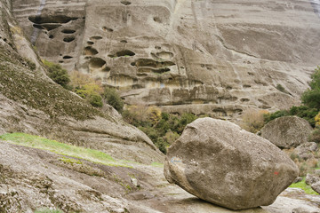 Meteora, Greece - Dec 19, 2019: Abandoned monastic cave houses known as 