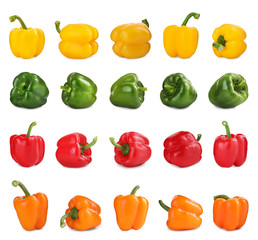 Set of different ripe bell peppers on white background