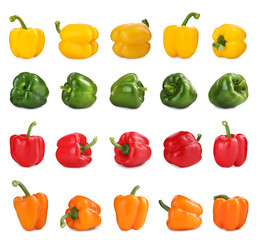 Set of different ripe bell peppers on white background