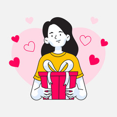 Wife or girlfriend holding present or gift for her husband or boyfriend for celebration vector illustration