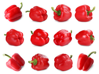 Set of ripe red bell peppers on white background