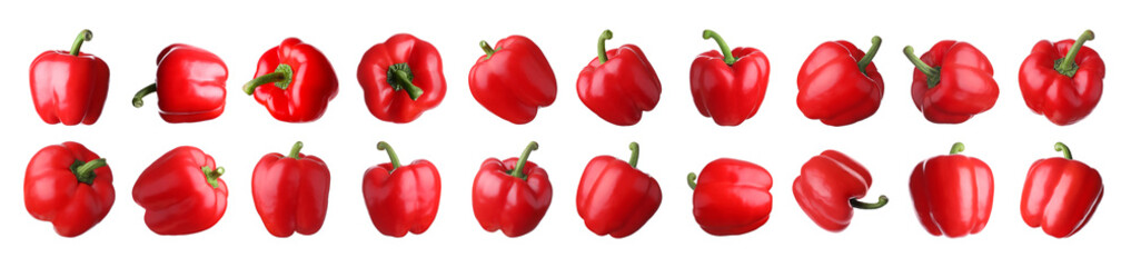 Set of ripe red bell peppers on white background. Banner design