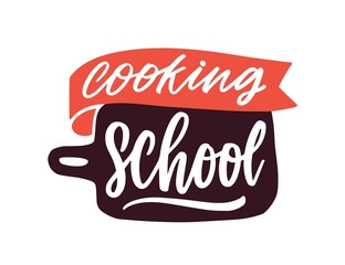 Cooking classes flat vector logotype. Cartoon cutting board with handwritten lettering sticker. Culinary courses logo isolated on white background. Cookery school advertisement label.
