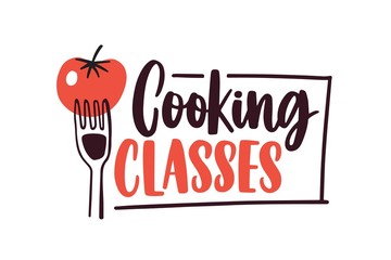Cooking lessons flat vector logotype. Cartoon tomato on fork with handwritten lettering sticker. Culinary courses logo isolated on white background. Cookery school advertisement label, emblem design.