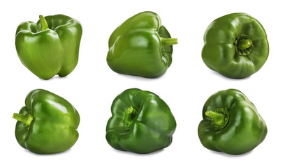 Set of ripe green bell peppers on white background
