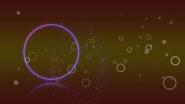 Motion graphic neon light theam. Illuminating ultaviolet spectrum circle reflected below and smaller white circles particles over dark background.