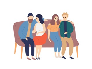 Obraz premium Friends spending time together flat vector illustration. Boyfriends and girlfriends hugging cartoon characters. Girls and guys sitting on sofa, couples pastime isolated on white background.