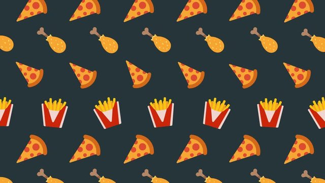 Seamless animated pattern of fast food moving on dark background. Isolated. Looped 4K motion background.