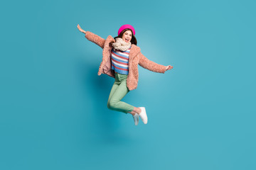 Full length body size view of nice fashionable attractive crazy cheerful cheery girlish girl...