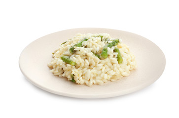Delicious risotto with asparagus isolated on white