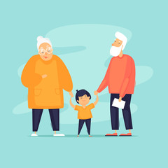 Generations, grandparents, sons, daughters, grandchildren. Flat design vector illustration.