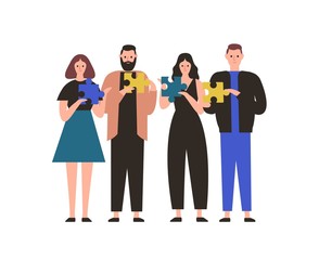Obraz premium People holding jigsaw puzzle flat vector illustration. Business team collaboration, employees coworking metaphor. Teamwork and cooperation. Project management, problem solving concept.