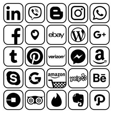 Kiev, Ukraine - June 01, 2018: Set of popular social media and other icons with black rim: Linkedin, Blogger, Instagram, Amazon, Whatsapp, Ebay and others