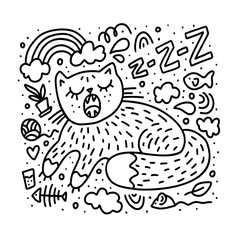 Cute cat sleep with snoring. Sweet Dreams arond it. Doodle vector illustration for print coloring page, book, poster, shirt, tee, kids menu, child cloth