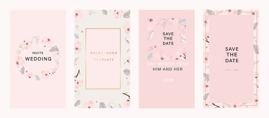 Minimal pink tropical Wedding Invitation, floral invite thank you, rsvp modern card Design in Blue Geometric shape with golden line decorative Vector elegant rustic template