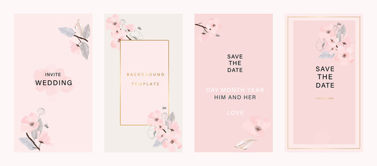 Fototapeta premium Minimal pink tropical Wedding Invitation, floral invite thank you, rsvp modern card Design in Blue Geometric shape with golden line decorative Vector elegant rustic template