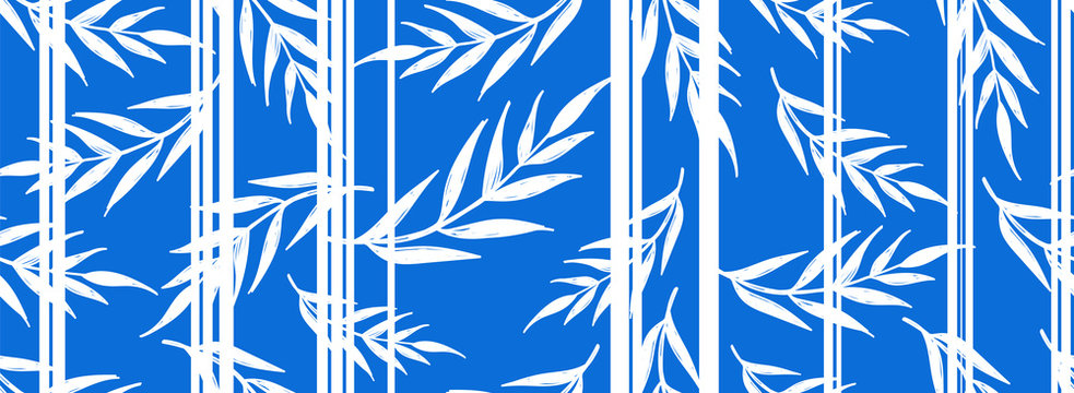 Minimal line grid white leaves and branches modern style stripes lapis blue. Design for fashion, background, wallpaper, fabric, wrapping and all graphic types on classic blue background color. © Stilesta