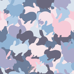 Seamless pattern with multicolored rabbits. Cute hare camouflage background. Vector illustration