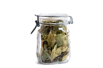 jar with bay laurel leafs